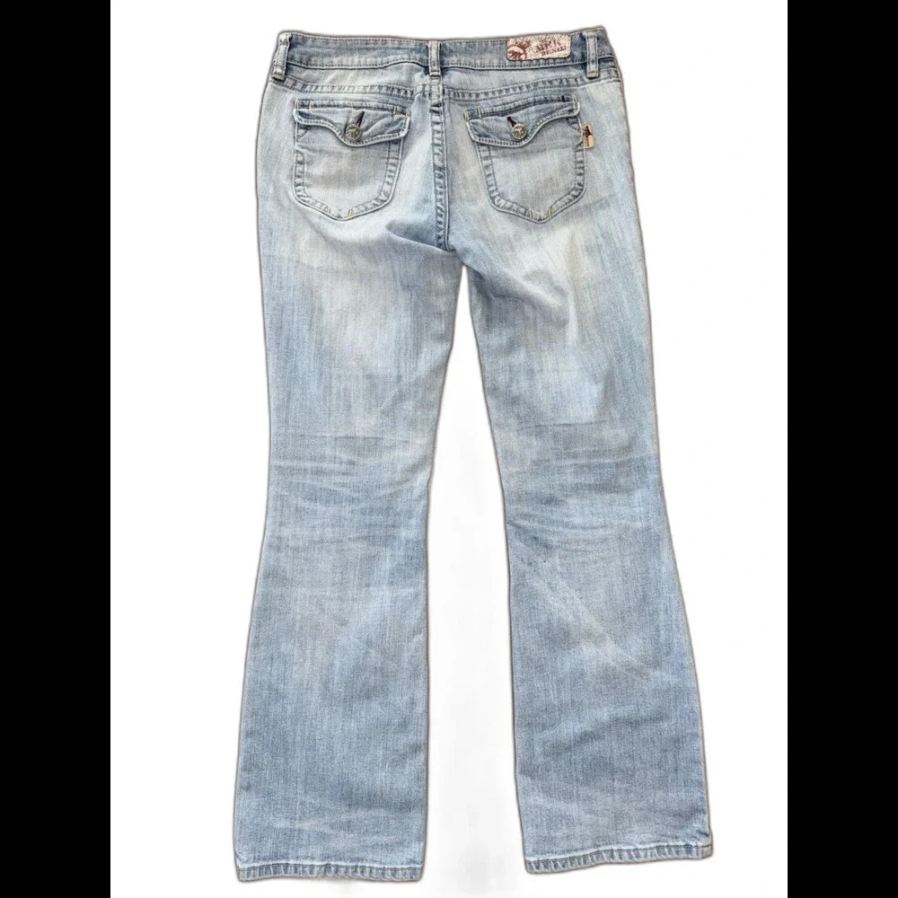 Mek Denim New York Bootcut Jeans 30x34L Light Wash Distressed Flap Pockets Y2K